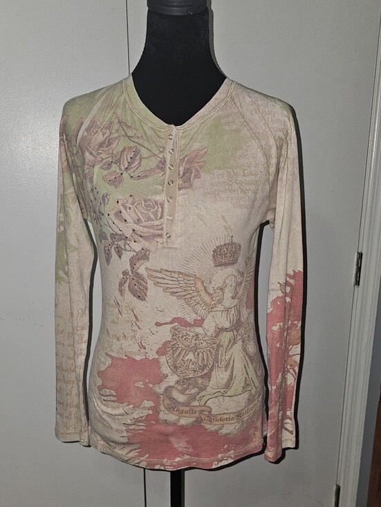 ONE WORLD Tops - ONE WORLD Y2k Long Sleeve Henley Top in Pink and Cream Angels & Roses Sz Med